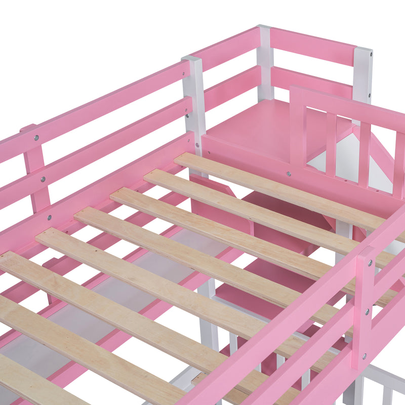 Twin-Over-Twin Castle Style Bunk Bed with 2 Drawers 3 Shelves and Slide - Pink