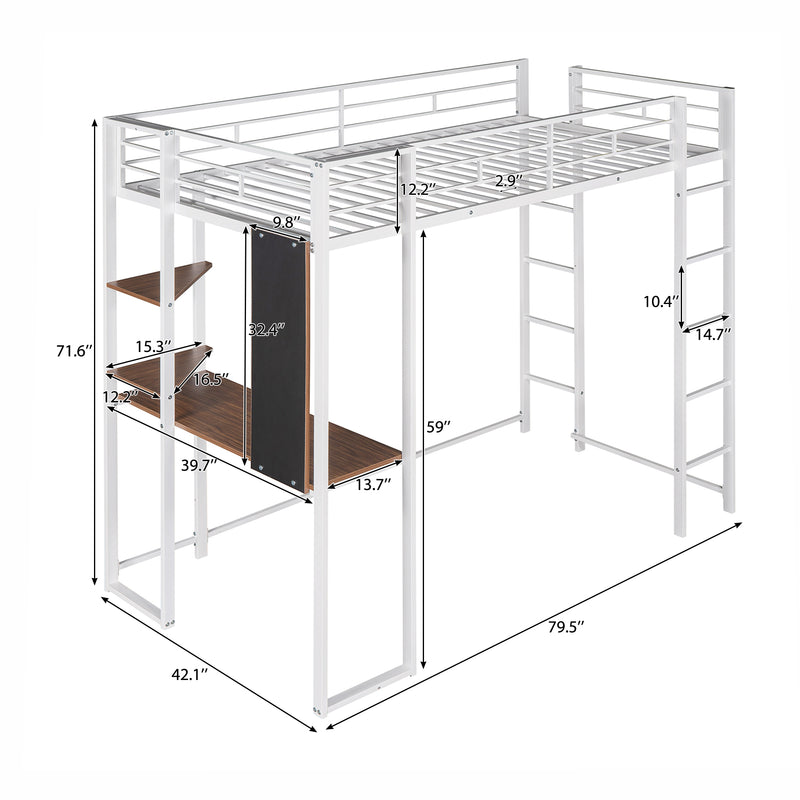 Twin Metal Loft Bed with 2 Shelves and one Desk ,WHITE(Old SKU: MF281206AAK)