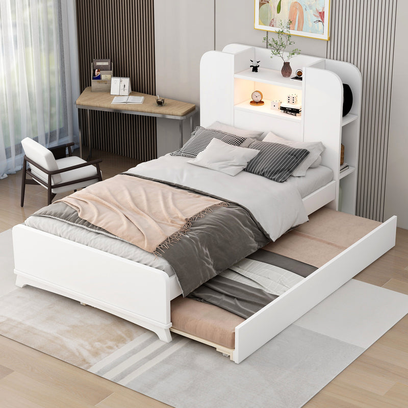 Twin Size Storage Platform Bed Frame with with Trundle and Light Strip Design in Headboard,White