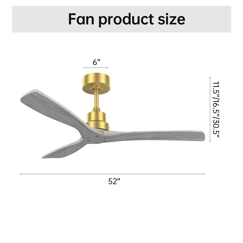 Indoor Ceiling Fan Without Light 3 Solid Wood Blades Remote Control Reversible Dc Motor - Gold