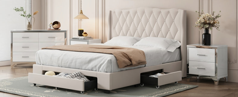 Upholstered Platform Bed with Tufted Headboard and 3 Drawers, No Box Spring Needed, Velvet Fabric, Queen Size Beige