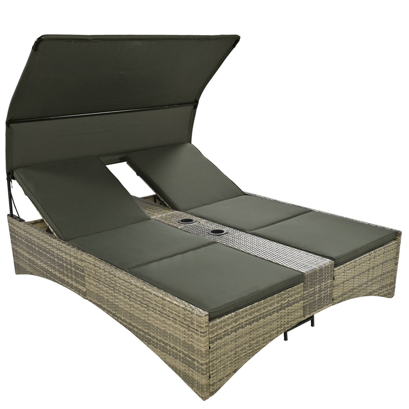 Patio Daybed Outdoor Daybed Sun Lounger With Shelter Roof With Adjustable Backrest, Storage Box And 2 Cup Holders For Patio, Balcony, Poolside