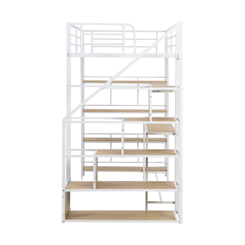 Twin Size Metal Loft bed with Staircase, Built-in Desk and Storage Shelves, White