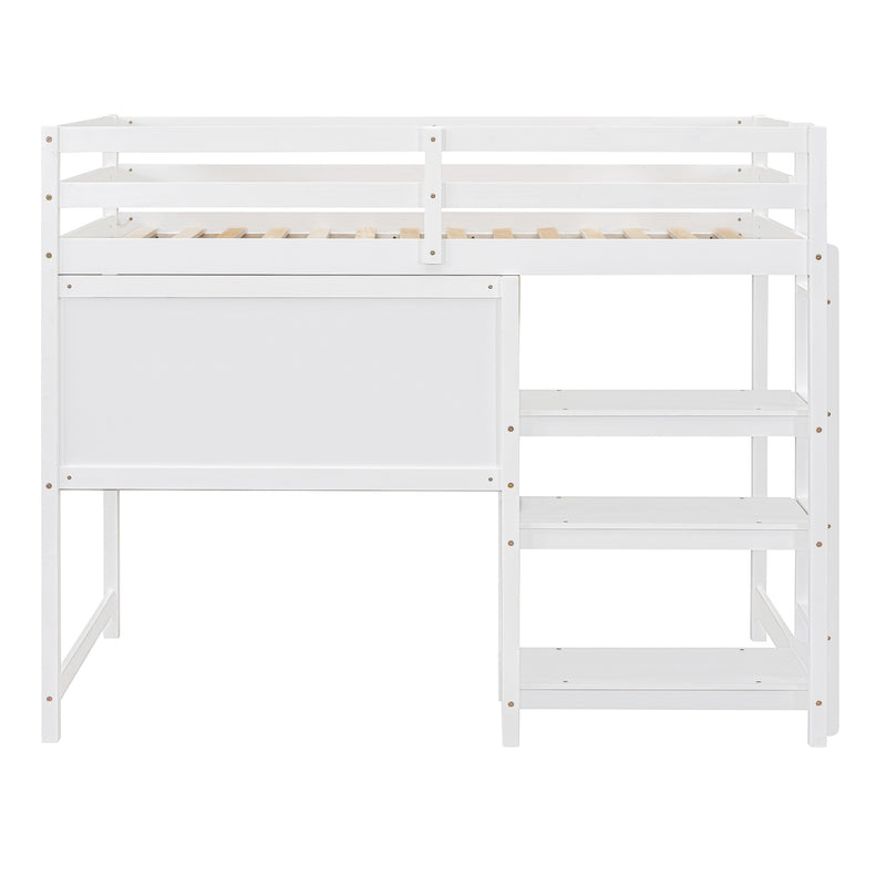 Twin Size Wooden Loft Bed with Shelves, Desk and Writing Board - White