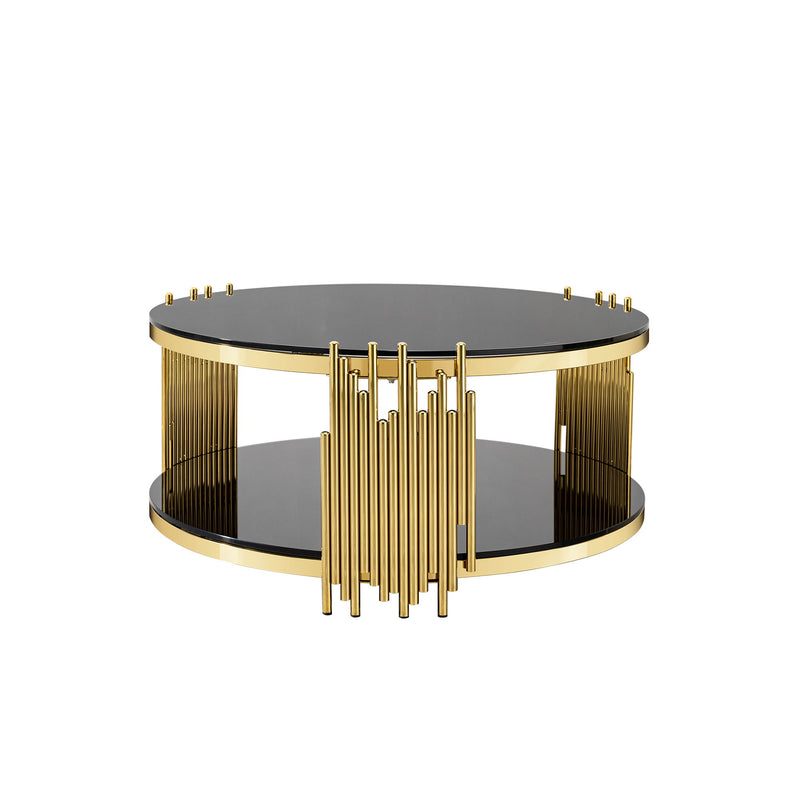 Double Layer Tempered Glass Top Stainless Steel Round Coffee Table For Living Room - Gold / Black