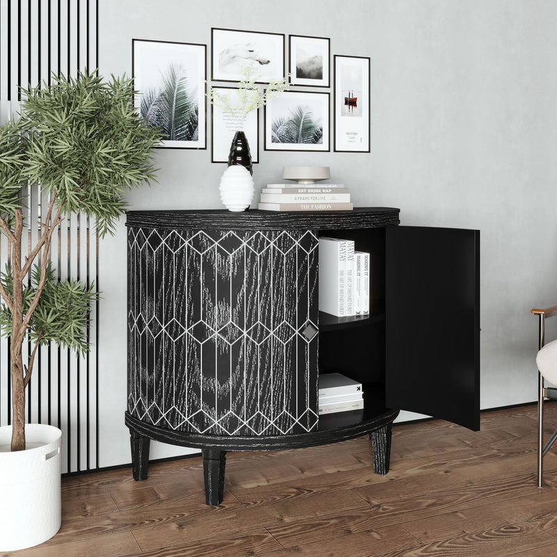 Accent Cabinet Modern Half-Moon 2 Door Wooden Cabinet Storage Cabinet Solid Wood Veneer With Featuring Two Tier Storage, For Living Room, Hallway, Entryway And Dining Room, Painted - Black