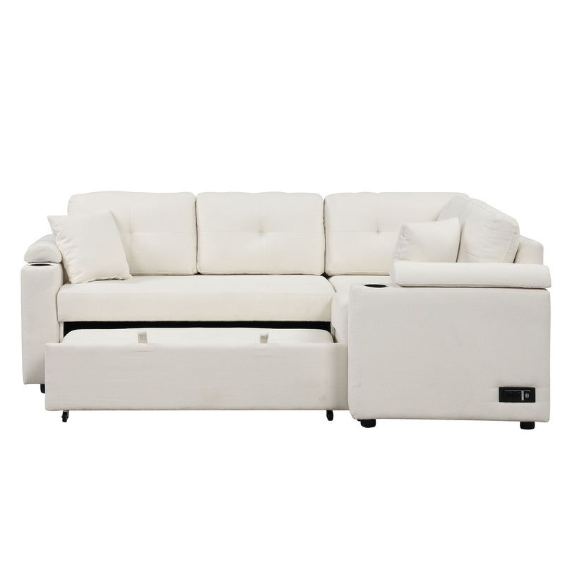 L-Shape Sofa Bed Pull-Out Sleeper Sofa With Wheels, USB Ports, Power Sockets For Living Room