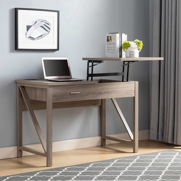 Lift-Top Desk With Drawer & USB/Power Outlet - Light Brown