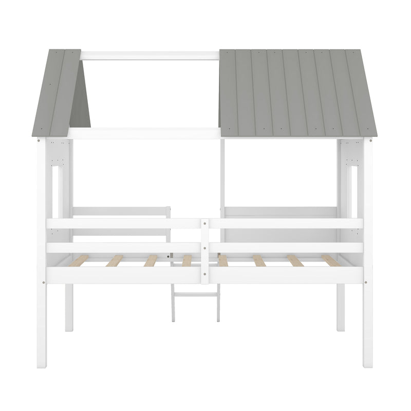 Twin Size Low Loft Wood House Bed with Two Side Windows  (White+Gray)(OLD SKU: LP000037AAE)