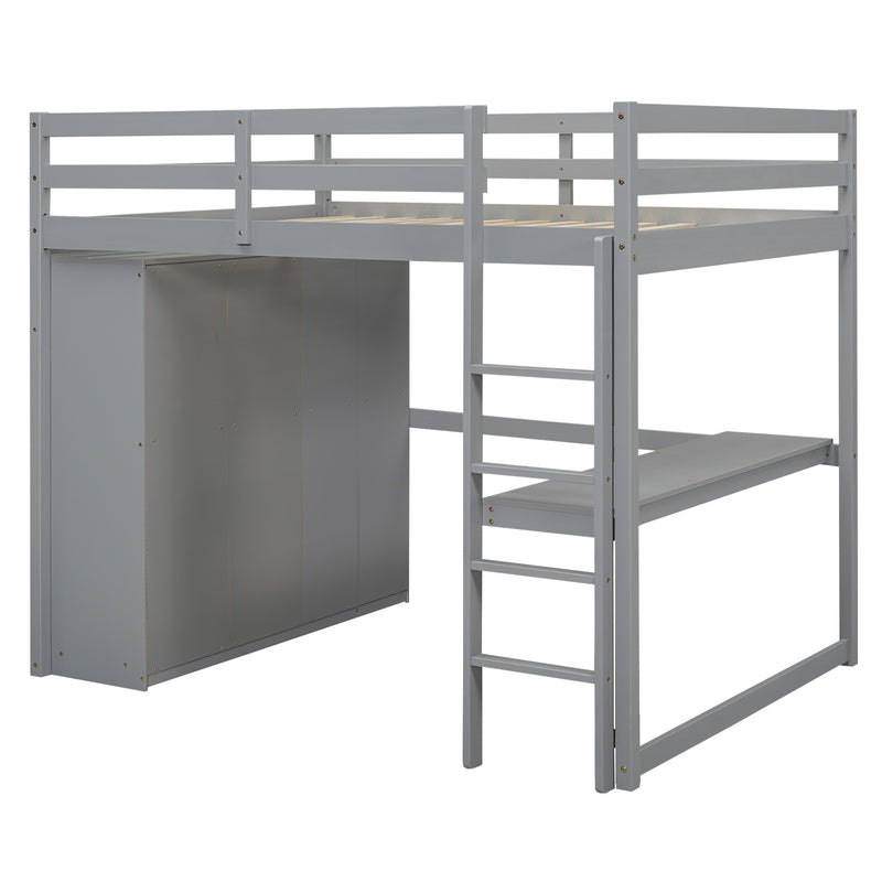 Wood Full Size Loft Bed with Built-in Wardrobe, Desk, Storage Shelves and Drawers, Gray