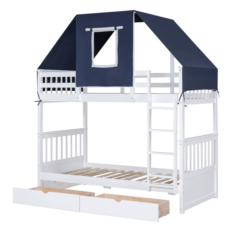 Twin Over Twin Bunk Bed Wood Bed with Tent and Drawers, White+Blue Tent