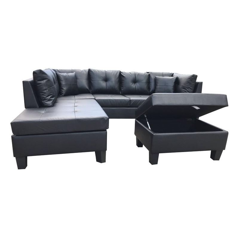 3 Piece Sofa With Left Chaise Lounge And Storage Ottoman, 2 Throw Pillows - Black