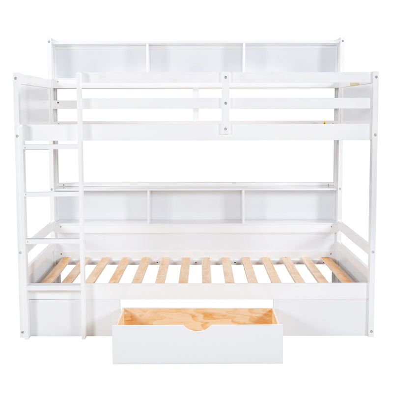 Twin Size Bunk Bed with Built-in Shelves Beside both Upper and Down Bed and Storage Drawer,White