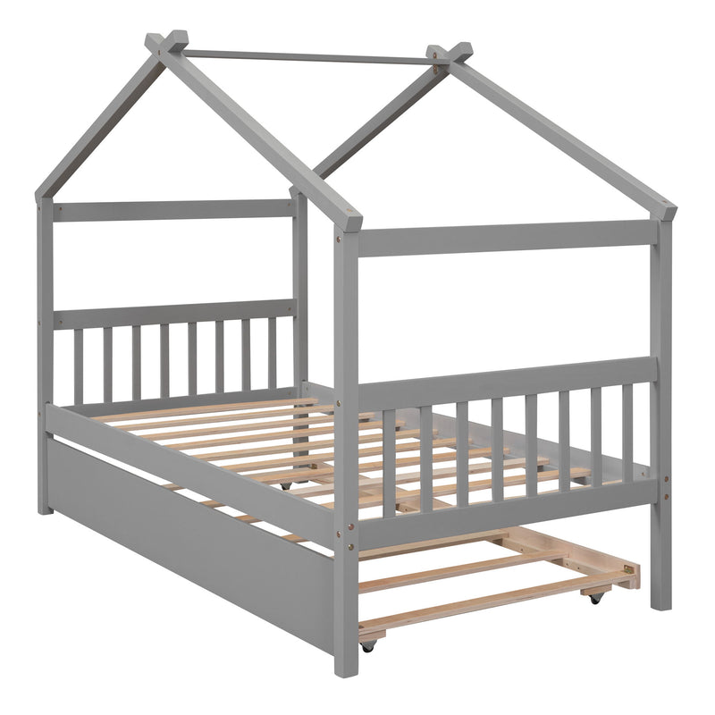 Twin Size Wooden House Bed With Twin Size Trundle - Gray