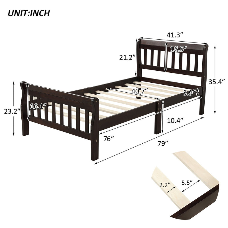 Twin Platform Bed Frame Panel Bed Mattress Foundation Sleigh Bed With Headboard / Footboard / Wood Slat Support - Espresso