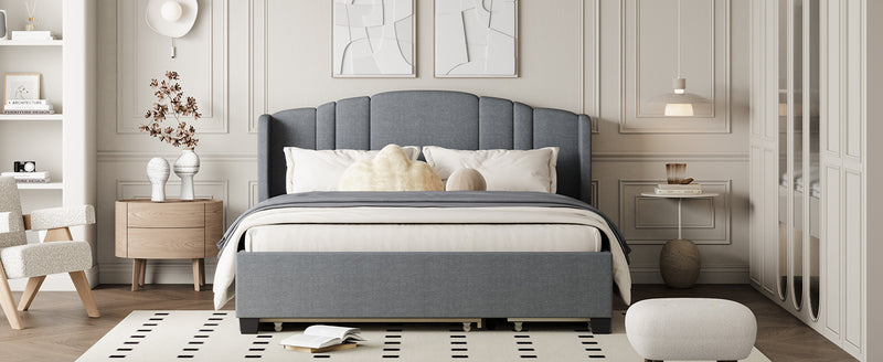 Upholstered Platform Bed with Wingback Headboard, One Twin Trundle and 2 Drawers, No Box Spring Needed, Linen Fabric, Queen Size Gray