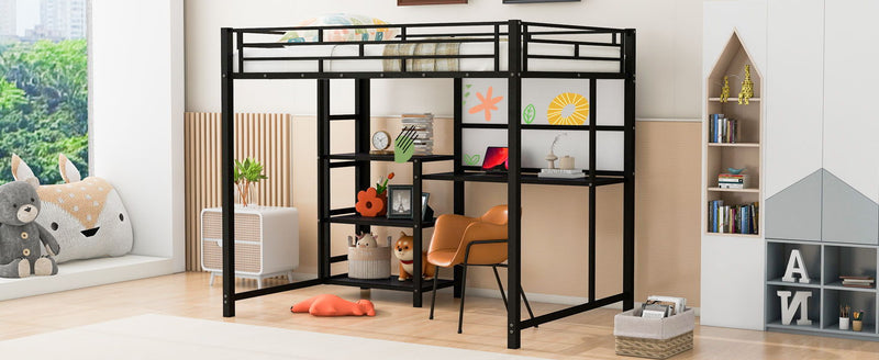 Full Size Loft Bed With Desk And Whiteboard, Metal Loft Bed With 3 Shelves And Ladder - Black