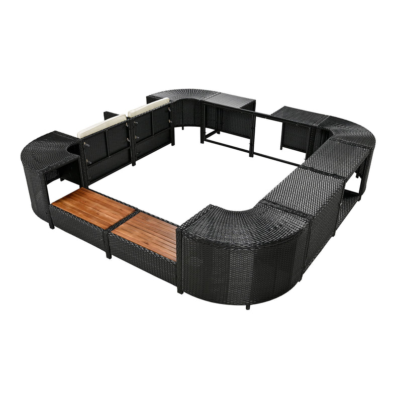 Spa Surround Spa Frame Quadrilateral Outdoor Rattan Sectional Sofa Set With Mini Sofa, Wooden Seats And Storage Spaces