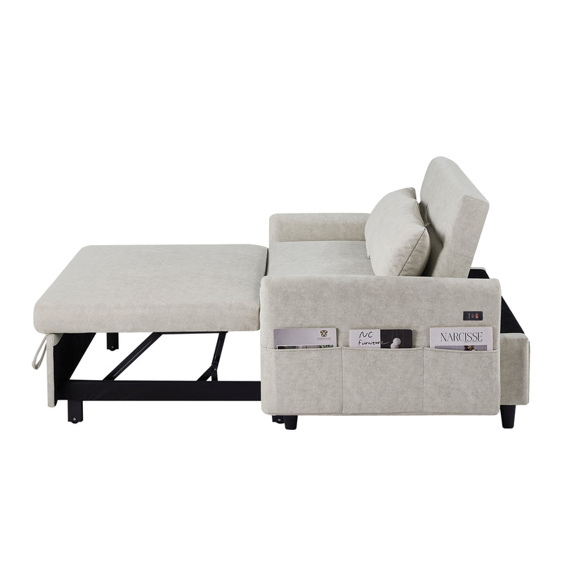 Pull Out Sleep Sofa Bed Loveseats Sofa Couch With Adjsutable Backrest, Storage Pockets, 2 Soft Pillows, USB Ports For Living Room