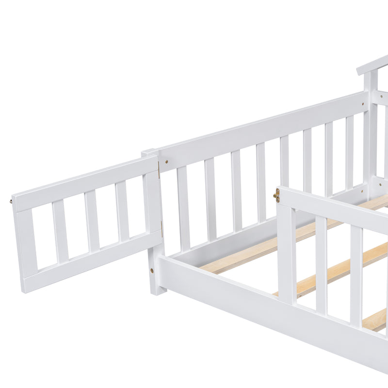 Twin House-Shaped Bedside Floor Bed with Guardrails, Slats, with Door,White