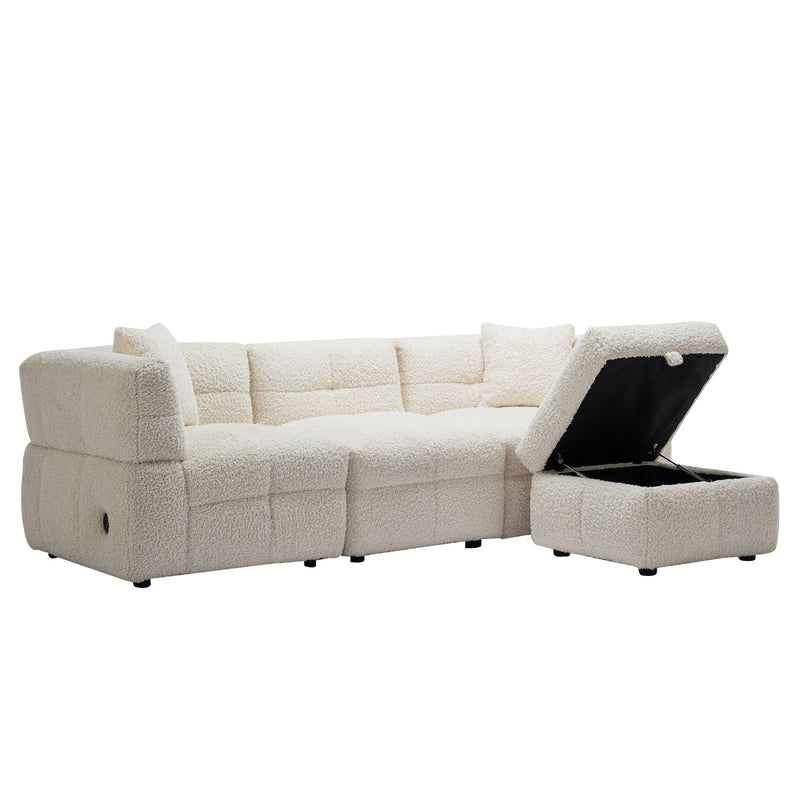 Sectional Sofa Cozy Teddy Fleece Sectional Sofa Couch With Two USB Ports A Movable Storage Ottoman And Two Lumbar Pillows For Living Room