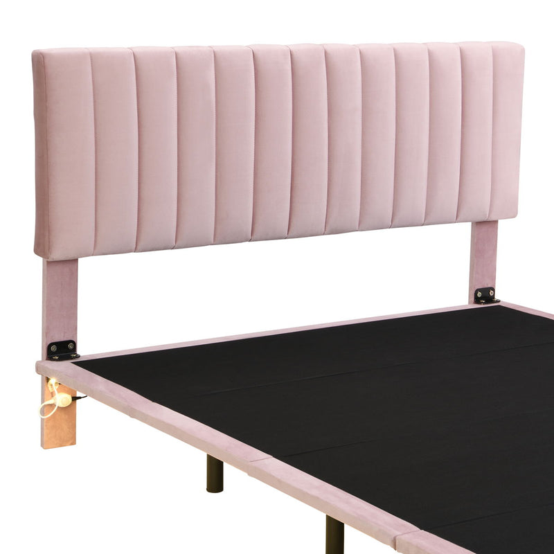 Queen Size Upholstered Bed With Sensor Light And Headboard, Floating Velvet Platform Bed - Pink