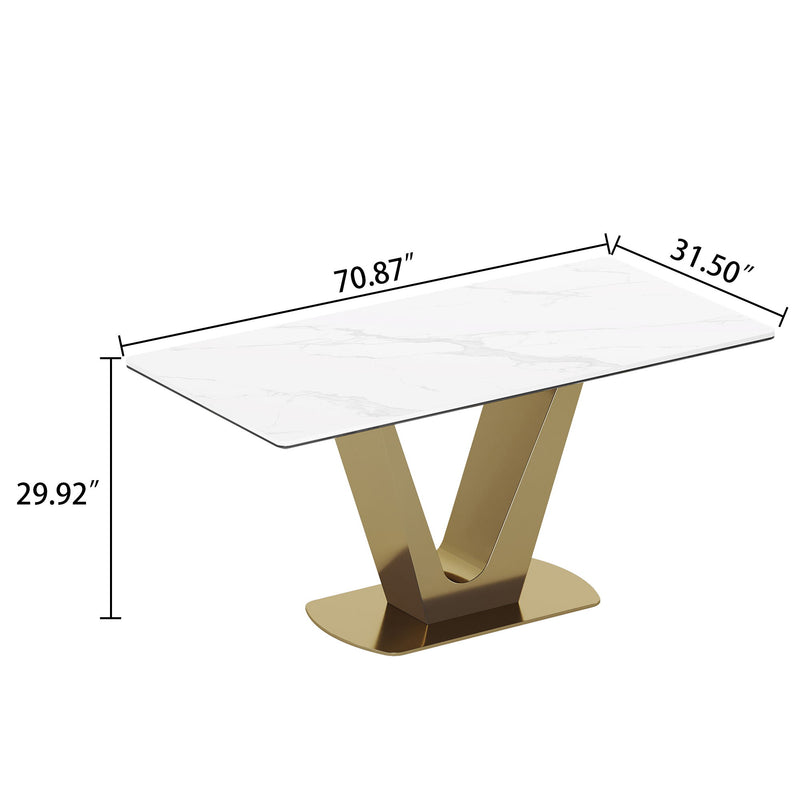 5 Piece Dining Roon Set, Sintered Stone Composite Tempered Glass Top Rectangular Dining Table With Stainless Steel Base And Four Leatherette Dining Chairs - Gold / White