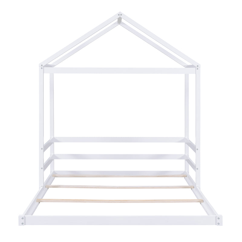 Wood Full Size House Bed with Guardrail, White