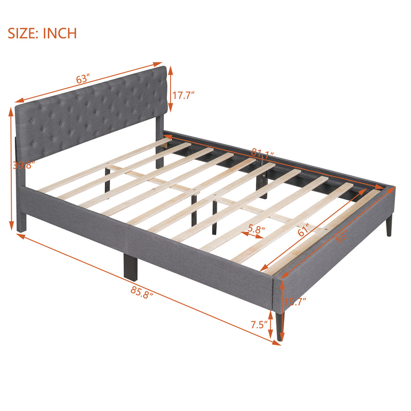 Upholstered Linen Platform Bed, Queen Size, Gray