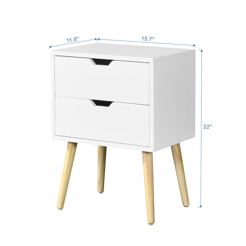 Side Table With 2 Drawer, Mid-Century Modern Storage Cabinet For Bedroom - White