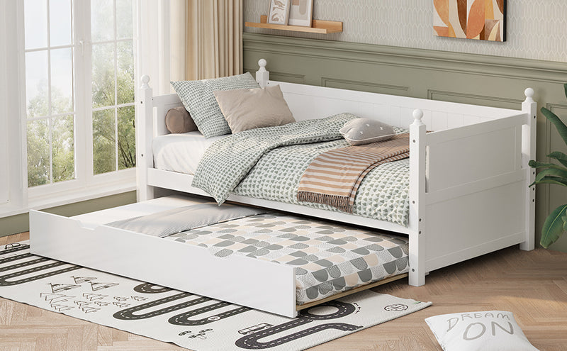 Twin Size Solid Wood Daybed with Trundle for Limited Space Kids, Teens, Adults, No Need Box Spring, White