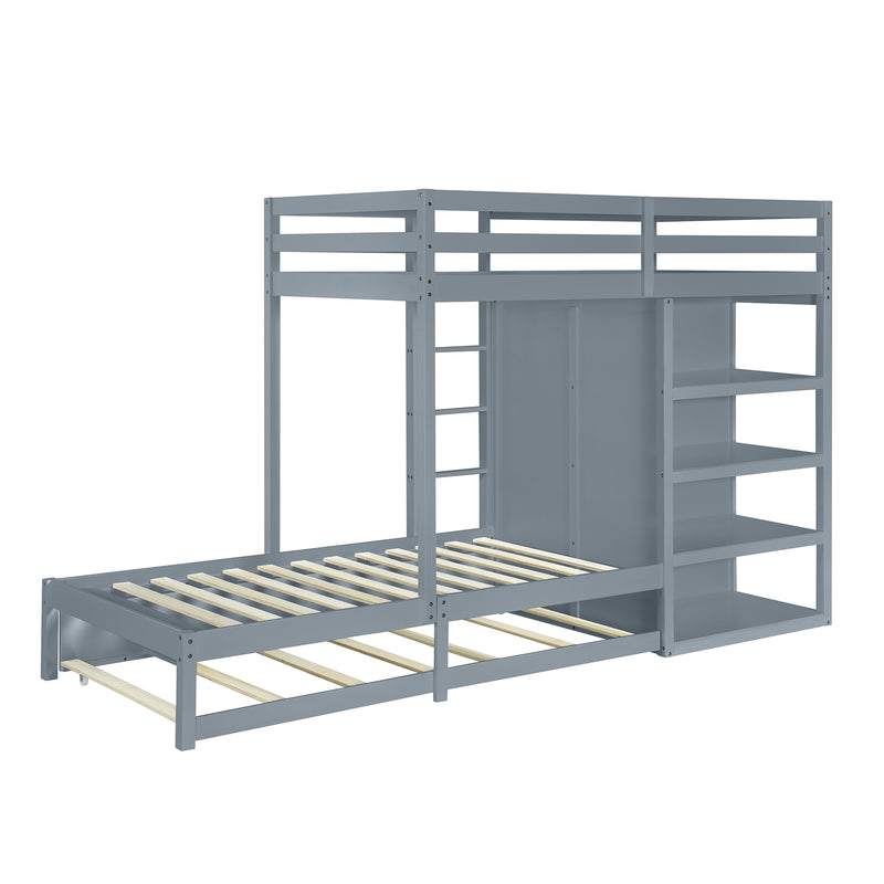 Twin-over-twin Bunk Bed with Wardrobe, Drawers and Shelves, Gray