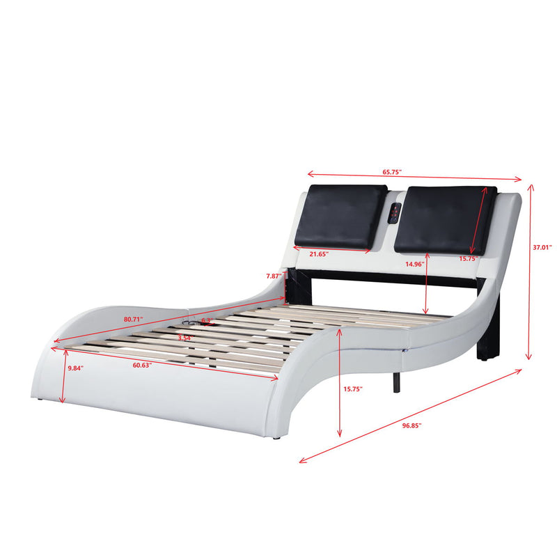 Queen Size Upholstered Platform Bed Frame With LED Lighting, Bluetooth Connection To Play Music Control, Backrest Vibration Massage, Curve Design, Wood Slat Support, No Box Spring Needed - White