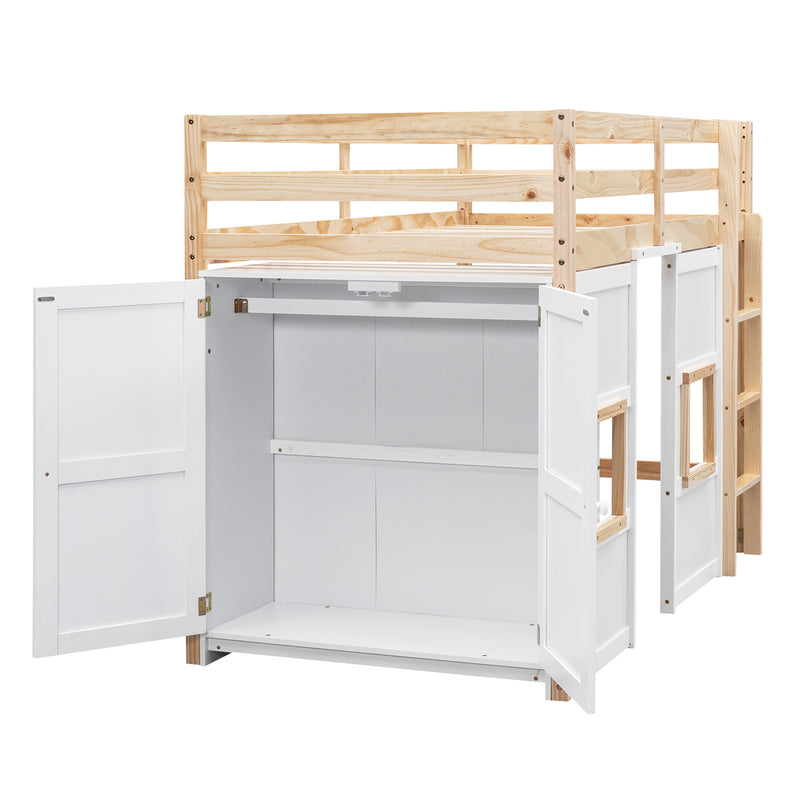 Wood Twin Size Loft Bed with Built-in Storage Wardrobe and 2 Windows, Natural/White