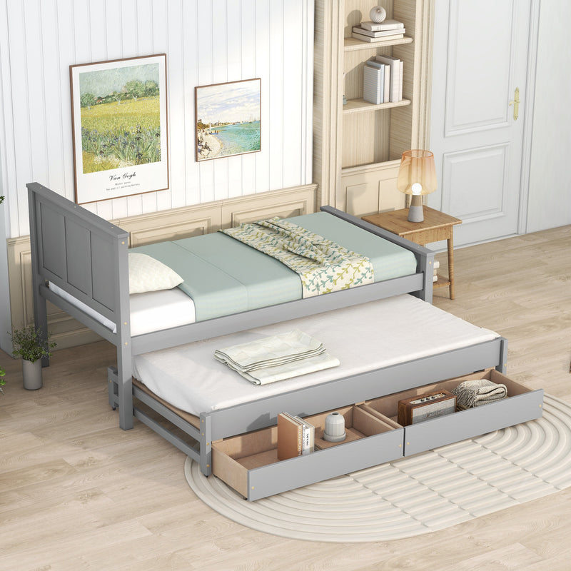 Twin Size Platform Bed with Trundle and Drawers, Gray