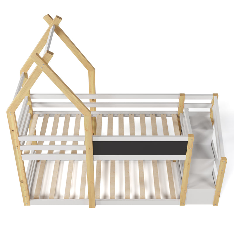 Twin over Twin House Bunk Bed with White Storage Staircase and Blackboard, White and Natural