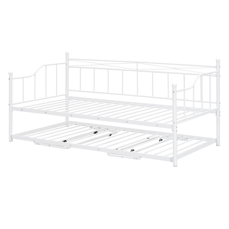 Twin Size Metal Daybed with Twin Size Adjustable Trundle, Portable Folding Trundle, White