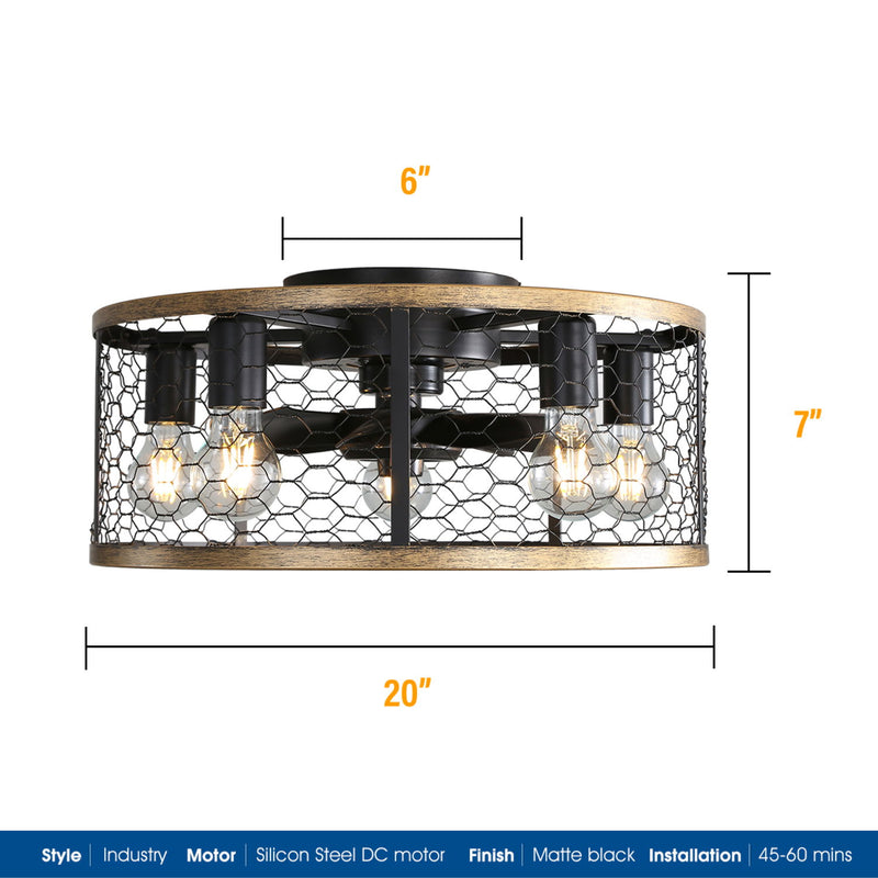 Industrial Caged Ceiling Fan, With 7-Abs Blades Remote Control Reversible Dc Motor, Small Flush Mount Ceiling Fan For Farmhouse - Black / Gold