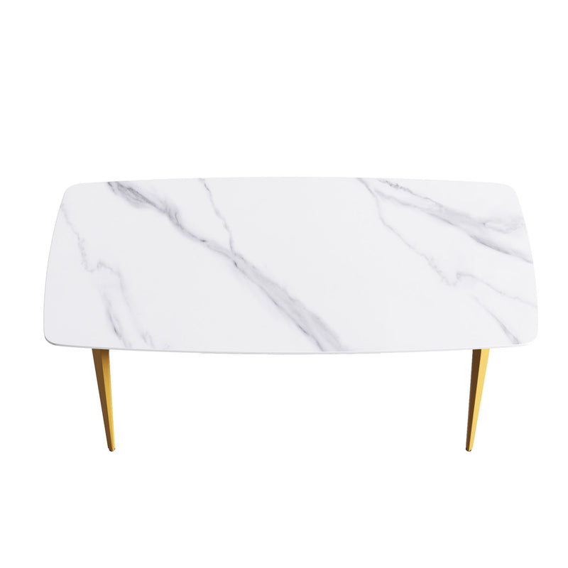 70.87" Modern Artificial Stone White Curved Golden Metal Leg Dining Table, Can Accommodate 6-8 People - White