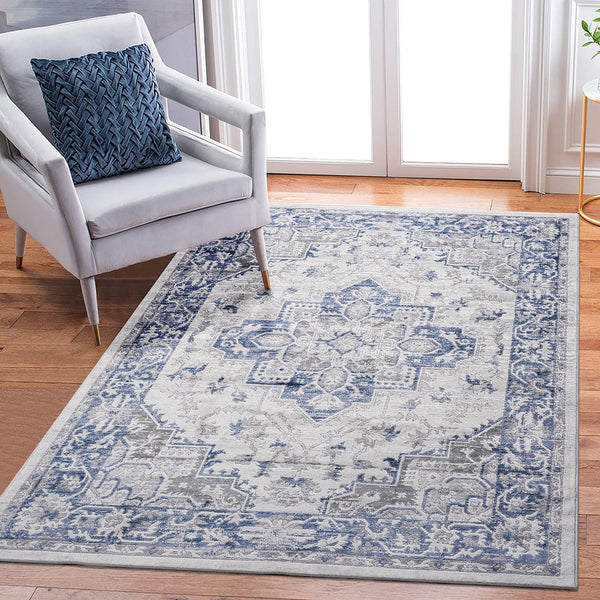 8' x 10' Oriental Non-Shedding Living Room Bedroom Dining Home Office Stylish And Stain Resistant Area Rug - Blue / Gray