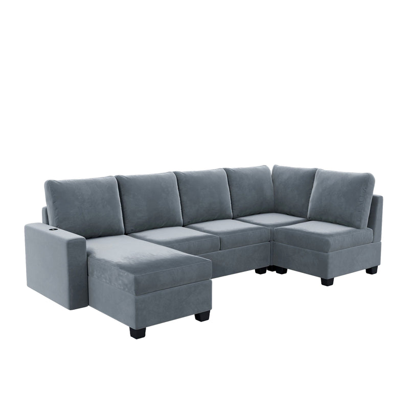 Modern L Shape Sectional Sofa, 6 Seat Velvet Couch With Convertible Chaise Lounge, Freely Combinable Indoor Furniture For Living Room