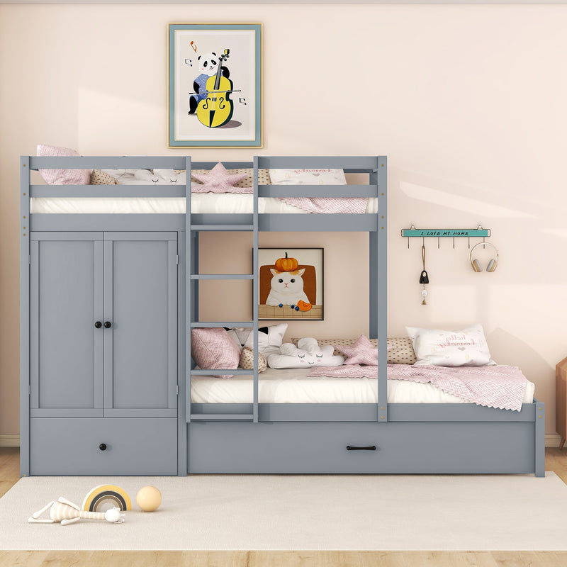 Twin-over-twin Bunk Bed with Wardrobe, Drawers and Shelves, Gray