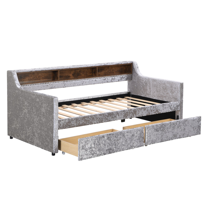 Twin Size Snowflake Velvet Daybed with Two Storage Drawers and Built-in Storage Shelves,Gray