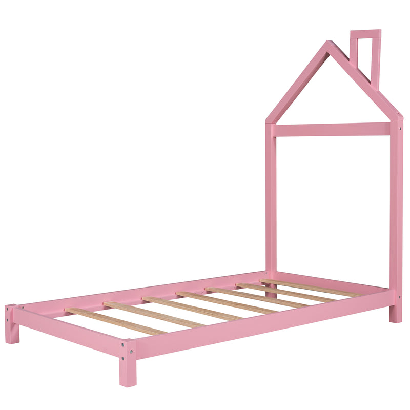 Twin Size Wood Platform Bed with House-shaped Headboard  (Pink)