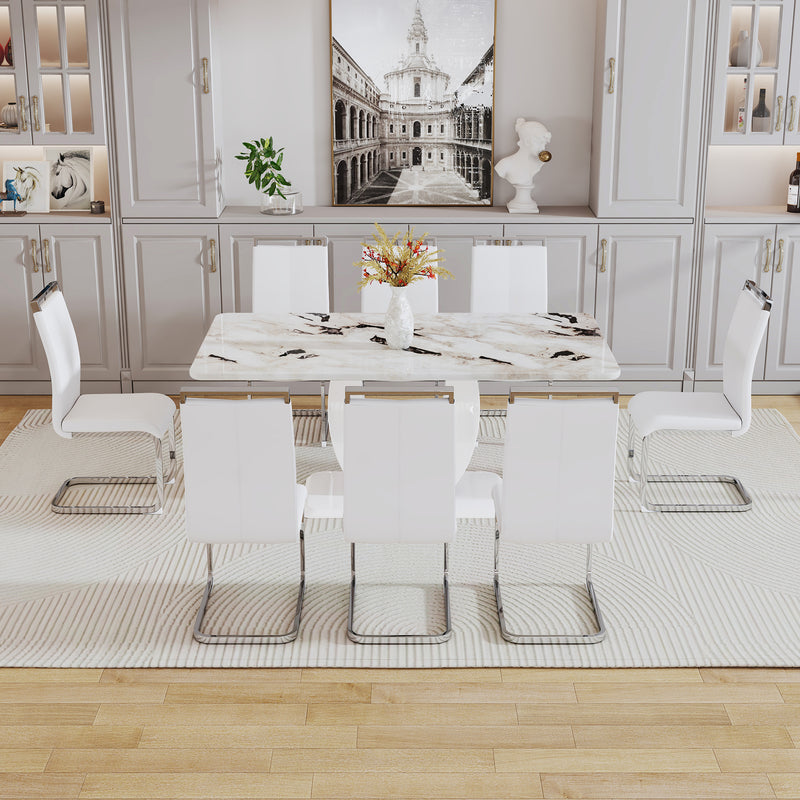 Table and chair set, modern minimalism and luxurious white rectangular pattern dining table.  Soft and comfortable dining chair, for dining room, living room, terrace and kitchen.