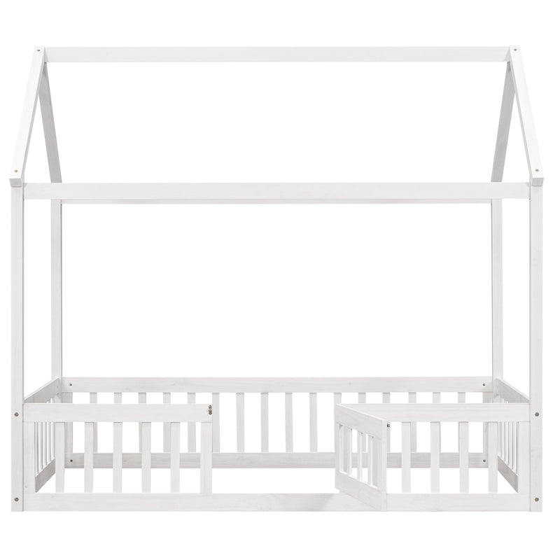 Twin Size Wood House Bed with Fence and Door, White Wash