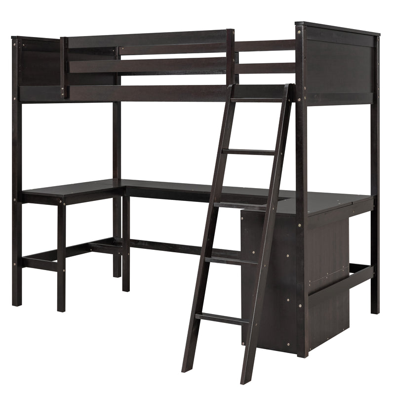 Twin size Loft Bed with Shelves and Desk, Wooden Loft Bed with Desk - Espresso(OLD SKU:LT000537AAP)