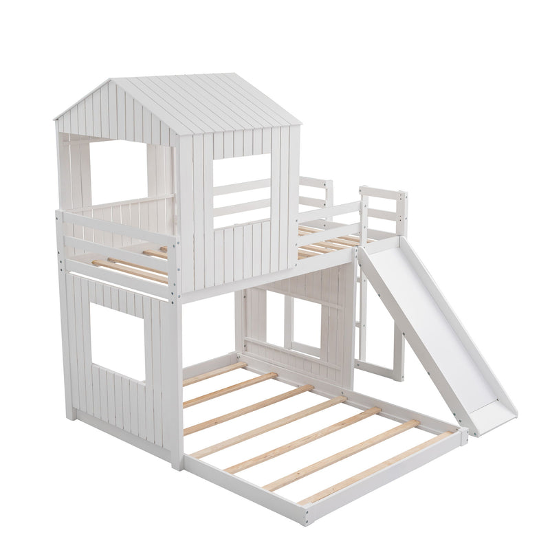 Wooden Twin Over Full Bunk Bed, Loft Bed With Playhouse, Farmhouse, Ladder, Slide And Guardrails - White
