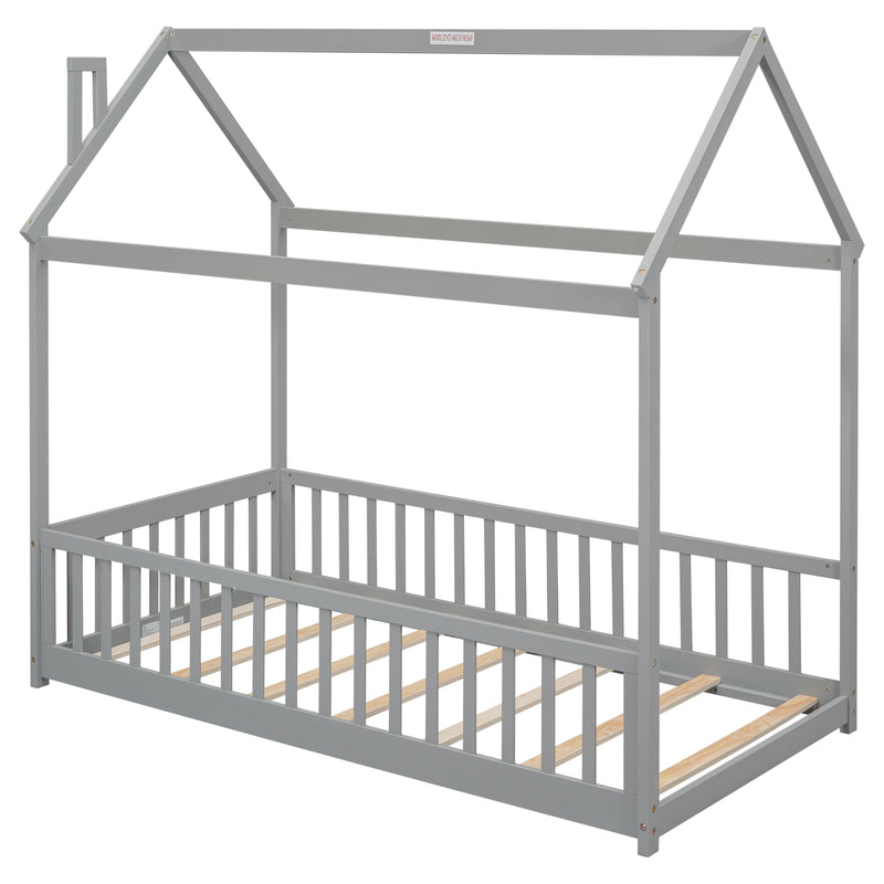 Twin House Bed with Guardrails, Slats ,Grey