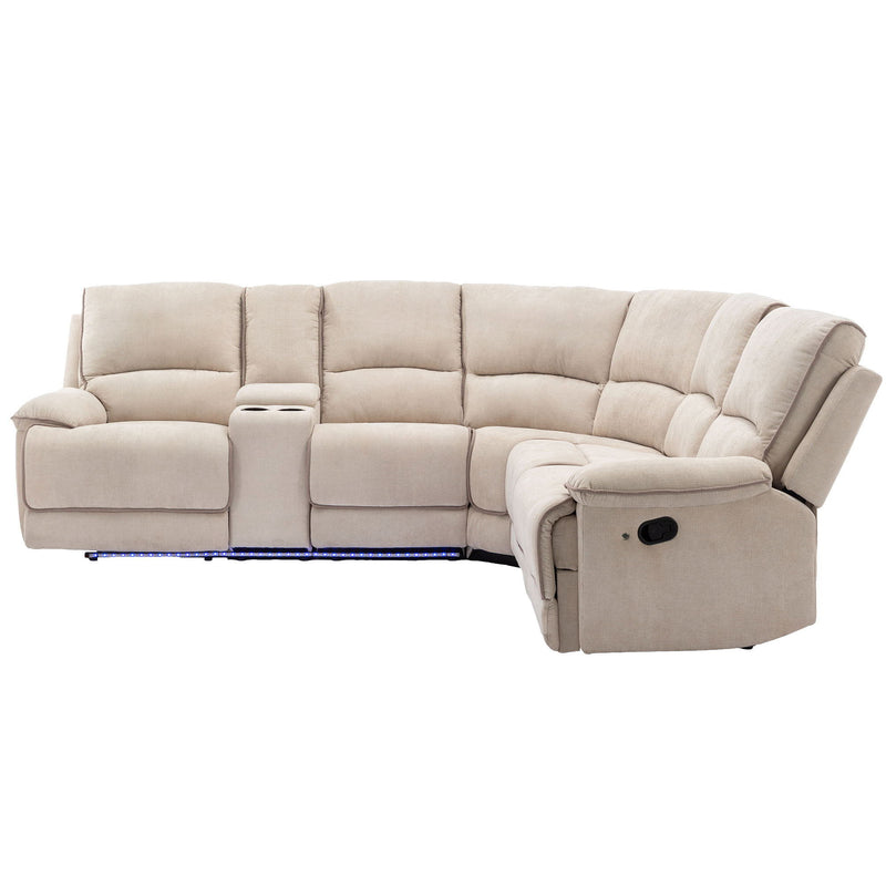 Modern Manual Reclining Living Room Furniture Set With USB Ports, Hidden Storage, Led Light Strip And 2 Cup Holders - Cream